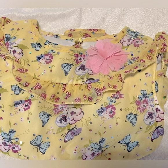 Little Las 2 piece Fancy set blouse and pants Yellow/Blue with Daisy Ruffles - Picture 2 of 15